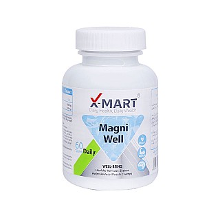 قرص مگنی ول ایکس مارت برای تقویت سیستم عصبی عضلانی بدن با بسته بندی سفید و آبی در پس زمینه  ساده